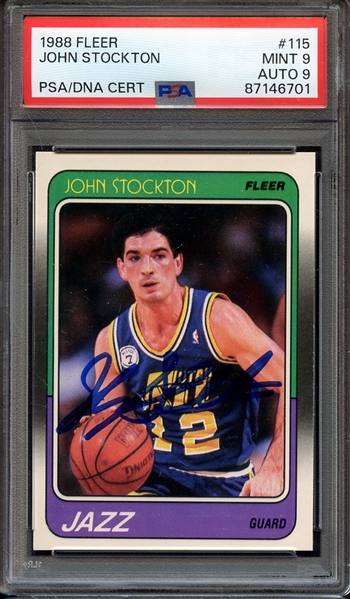 1988 FLEER 115 SIGNED JOHN STOCKTON PSA MINT 9 PSA/DNA AUTO 9