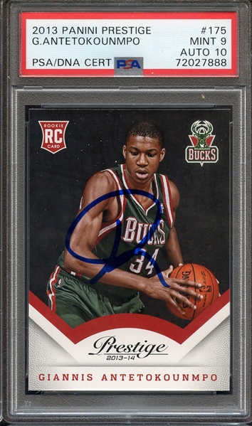 2013 PANINI PRESTIGE 175 SIGNED GIANNIS ANTETOKOUNMPO PSA MINT 9 PSA/DNA AUTO 10