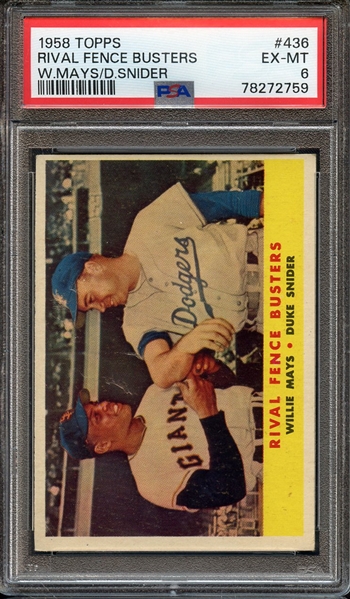 1958 TOPPS 436 RIVAL FENCE BUSTERS W.MAYS/D.SNIDER PSA EX-MT 6