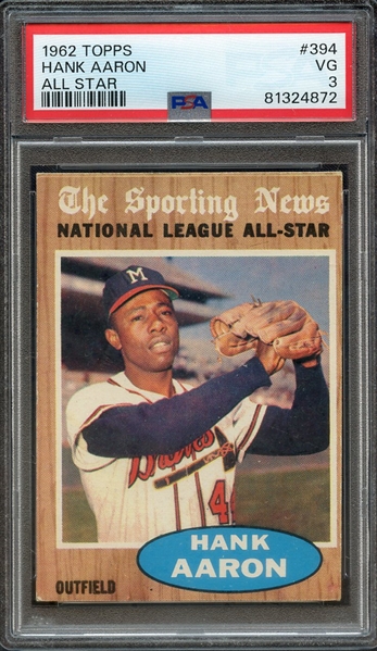 1962 TOPPS 394 HANK AARON ALL STAR PSA VG 3