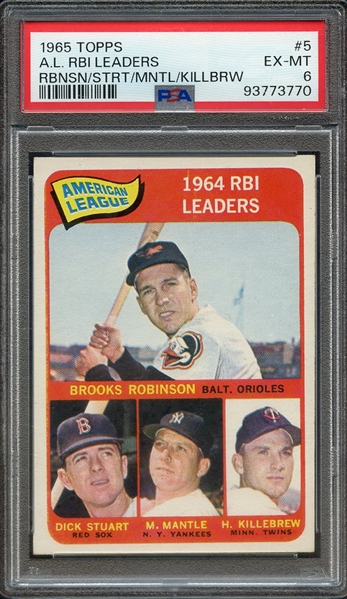 1965 TOPPS 5 A.L. RBI LEADERS RBNSN/STRT/MNTL/KILLBRW PSA EX-MT 6