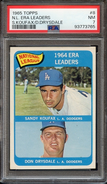 1965 TOPPS 8 N.L. ERA LEADERS S.KOUFAX/D.DRYSDALE PSA NM 7