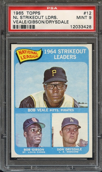 1965 TOPPS 12 NL STRIKEOUT LDRS. VEALE/GIBSON/DRYSDALE PSA MINT 9