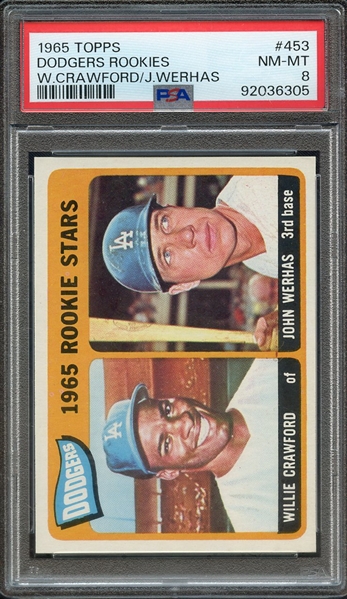 1965 TOPPS 453 DODGERS ROOKIES W.CRAWFORD/J.WERHAS PSA NM-MT 8