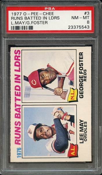 1977 O-PEE-CHEE 3 RUNS BATTED IN LDRS L.MAY/G.FOSTER PSA NM-MT 8