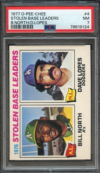 1977 O-PEE-CHEE 4 STOLEN BASE LEADERS B.NORTH/D.LOPES PSA NM 7