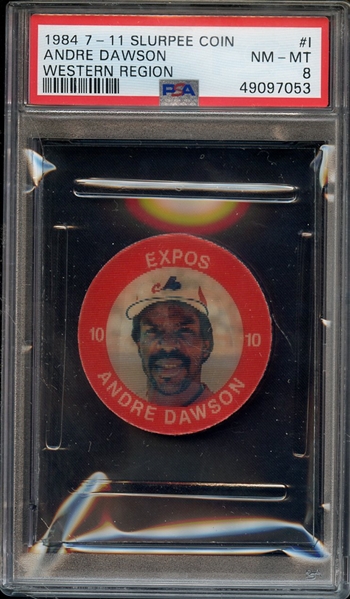 1984 7-11 SLURPEE COIN WESTERN REGION I ANDRE DAWSON WESTERN REGION PSA NM-MT 8