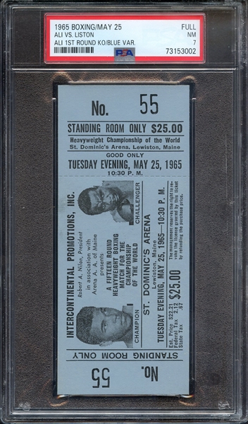 1965 BOXING-FULL TICKET ALI VS. LISTON ALI 1ST ROUND KO/BLUE VAR. PSA NM 7