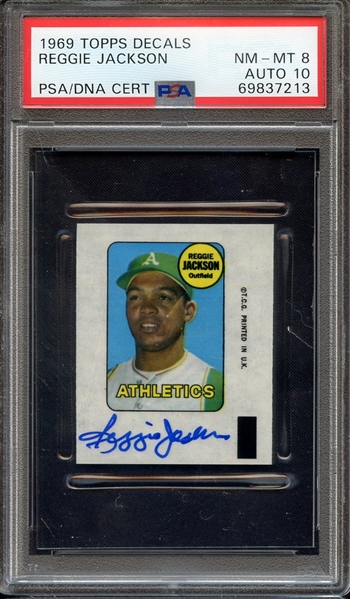 1969 TOPPS DECALS SIGNED REGGIE JACKSON PSA NM-MT 8 PSA/DNA AUTO 10