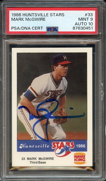 1986 HUNTSVILLE STARS 33 SIGNED MARK MCGWIRE PSA MINT 9 PSA/DNA AUTO 10