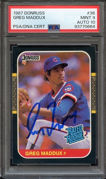 1987 DONRUSS 36 SIGNED GREG MADDUX PSA MINT 9 PSA/DNA AUTO 10