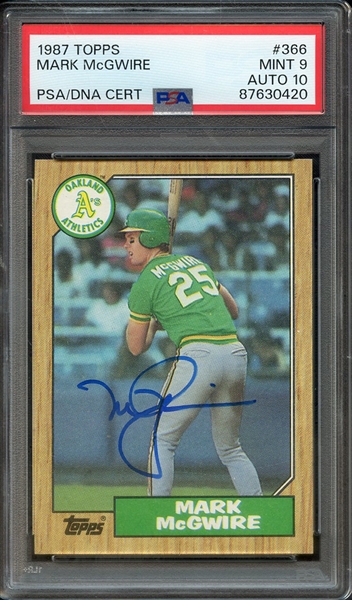 1987 TOPPS 366 SIGNED MARK MCGWIRE PSA MINT 9 PSA/DNA AUTO 10