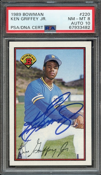 1989 BOWMAN 220 SIGNED KEN GRIFFEY JR PSA NM-MT 8 PSA/DNA AUTO 10