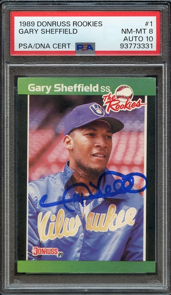 1989 DONRUSS ROOKIES 1 SIGNED GARY SHEFFIELD PSA NM-MT 8 PSA/DNA AUTO 10