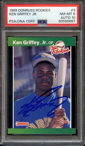 1989 DONRUSS ROOKIES 3 SIGNED KEN GRIFFEY JR PSA NM-MT 8 PSA/DNA AUTO 10