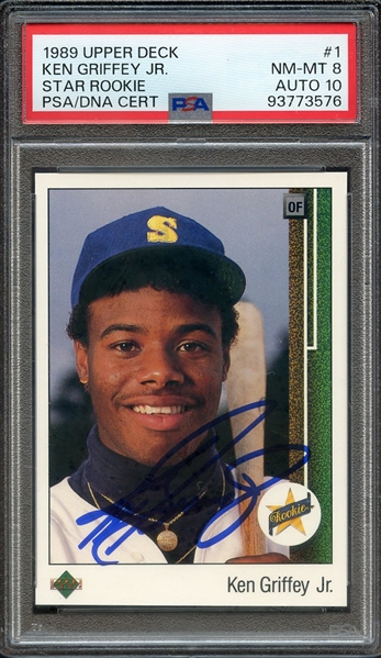 1989 UPPER DECK 1 SIGNED KEN GRIFFEY JR PSA NM-MT 8 PSA/DNA AUTO 10