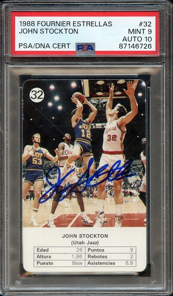 1988 FOURNIER ESTRELLAS 32 SIGNED JOHN STOCKTON PSA MINT 9 PSA/DNA AUTO 10