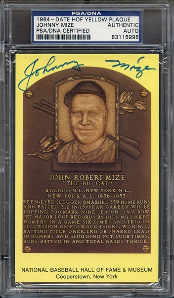 JOHNNY MIZE SIGNED HOF POSTCARD PSA/DNA AUTO AUTHENTIC