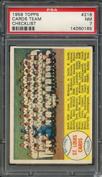 1958 TOPPS 216 CARDS TEAM CHECKLIST PSA NM 7