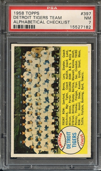 1958 TOPPS 397 TIGERS TEAM ALPHABETICAL CHECKLIST PSA NM 7