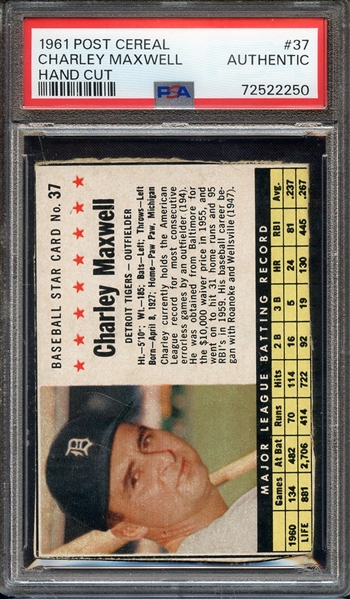 1961 POST CEREAL 37 CHARLEY MAXWELL HAND CUT PSA AUTHENTIC