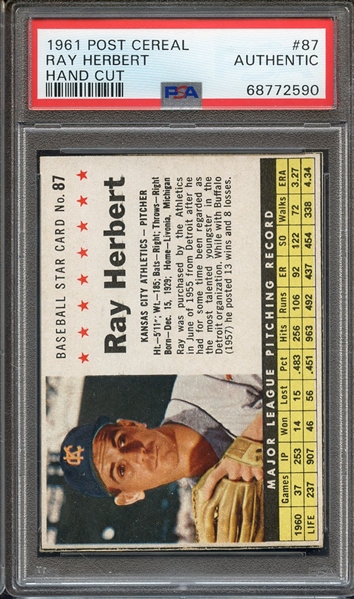 1961 POST CEREAL 87 RAY HERBERT HAND CUT PSA AUTHENTIC