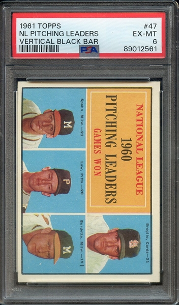 1961 TOPPS 47 NL PITCHING LEADERS VERTICAL BLACK BAR PSA EX-MT 6