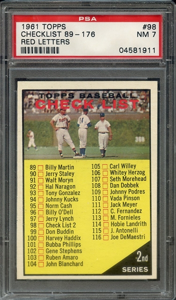 1961 TOPPS 98 CHECKLIST 89-176 RED LETTERS PSA NM 7