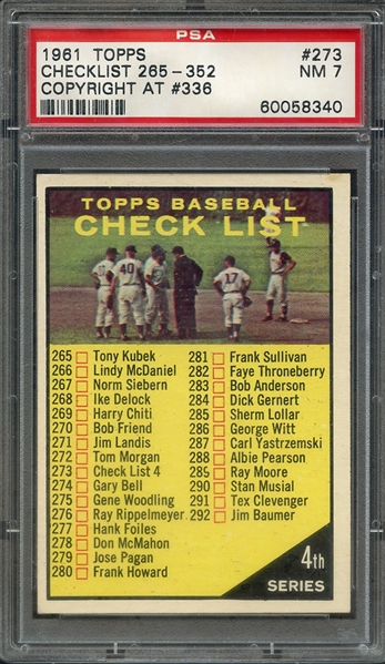 1961 TOPPS 273 CHECKLIST 265-352 COPYRIGHT AT #336 PSA NM 7