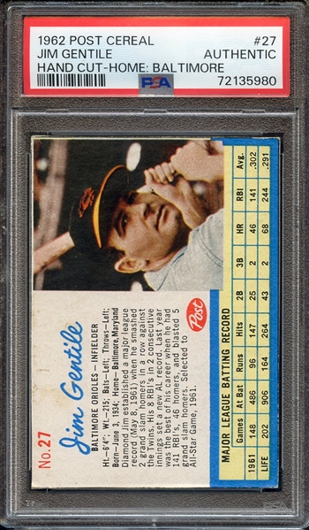 1962 POST CEREAL 27 JIM GENTILE HAND CUT-HOME: BALTIMORE PSA AUTHENTIC