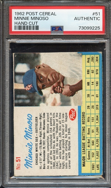 1962 POST CEREAL 51 MINNIE MINOSO HAND CUT PSA AUTHENTIC