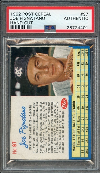 1962 POST CEREAL 97 JOE PIGNATANO HAND CUT PSA AUTHENTIC