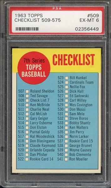 1963 TOPPS 509 CHECKLIST 507-576 COPYRIGHT CENTERED PSA EX-MT 6