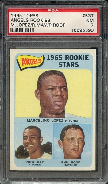 1965 TOPPS 537 ANGELS ROOKIES M.LOPEZ/R.MAY/P.ROOF PSA NM 7