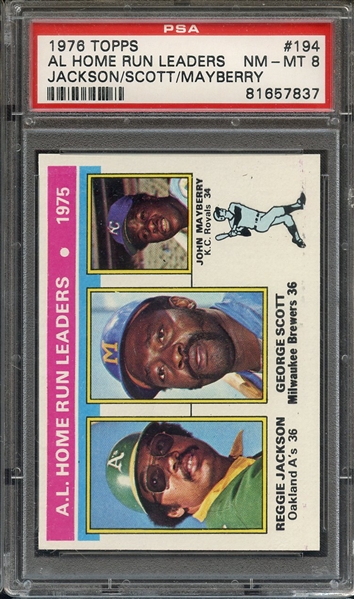 1976 TOPPS 194 AL HOME RUN LEADERS JACKSON/SCOTT/MAYBERRY PSA NM-MT 8