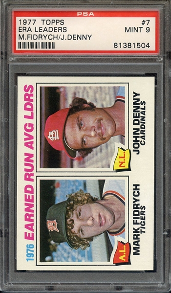 1977 TOPPS 7 ERA LEADERS M.FIDRYCH/J.DENNY PSA MINT 9