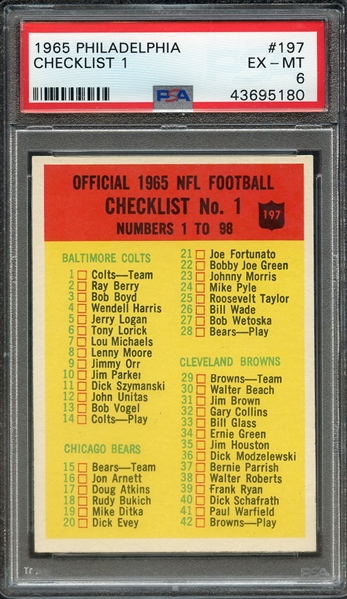 1965 PHILADELPHIA 197 CHECKLIST 1 PSA EX-MT 6