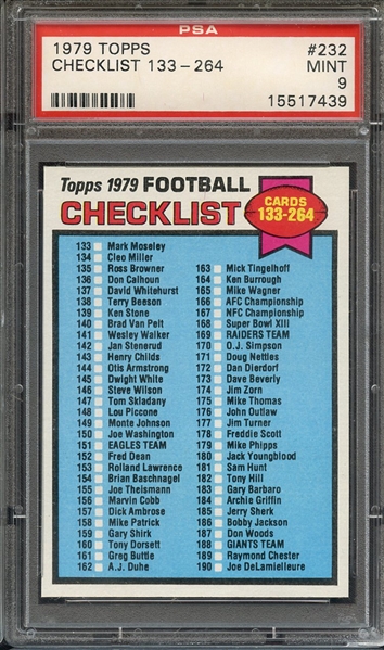 1979 TOPPS 232 CHECKLIST 133-264 PSA MINT 9