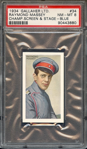 1934 GALLAHER LTD. CHAMPIONS OF SCREEN & STAGE 34 RAYMOND MASSEY CHAMP.SCREEN & STAGE-BLUE PSA NM-MT 8