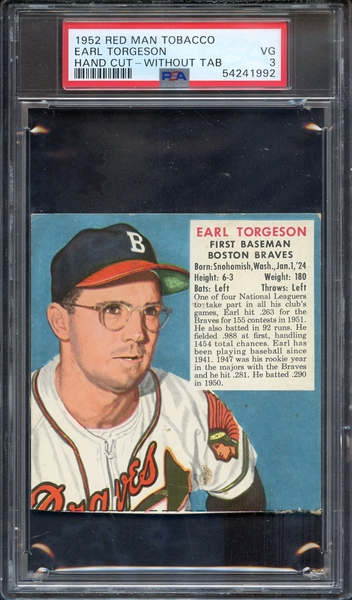 1952 RED MAN TOBACCO EARL TORGESON HAND CUT-WITHOUT TAB PSA VG 3