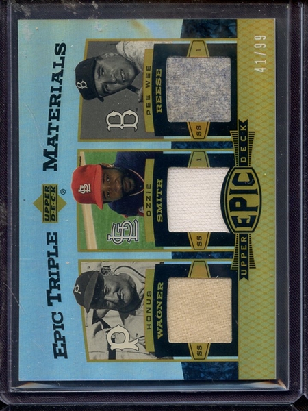 2006 UPPER DECK EPIC TRIPLE MATERIALS HONUS WAGNER OZZIE SMITH PEE WEE REESE GAME USED JERSEY 41/99