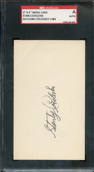 STAN COVELESKI SIGNED 3 X 5 INDEX CARD SGC AUTHENTIC