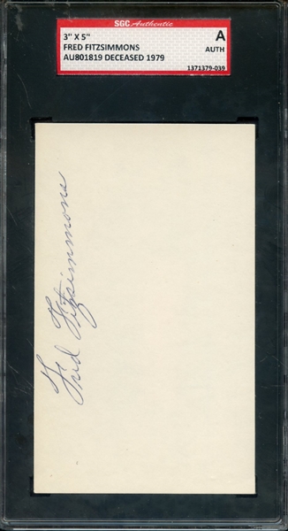 FRED FITZSIMMONS SIGNED 3 X 5 INDEX CARD SGC AUTHENTIC