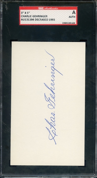 CHARLIE GEHRINGER SIGNED 3 X 5 INDEX CARD SGC AUTHENTIC