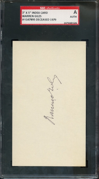 WARREN GILES SIGNED 3 X 5 INDEX CARD SGC AUTHENTIC