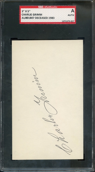 CHARLIE GRIMM SIGNED 3 X 5 INDEX CARD SGC AUTHENTIC