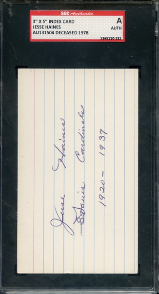 JESSE HAINES SIGNED 3 X 5 INDEX CARD SGC AUTHENTIC