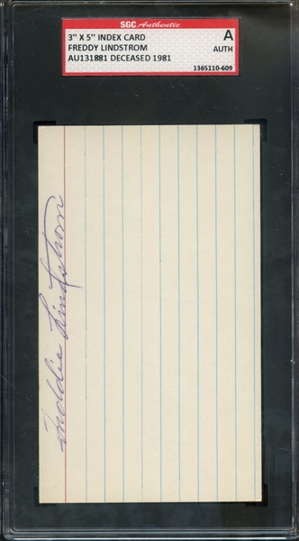 FREDDY LINDSTROM SIGNED 3 X 5 INDEX CARD SGC AUTHENTIC