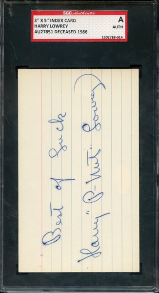 HARRY LOWREY SIGNED 3 X 5 INDEX CARD SGC AUTHENTIC