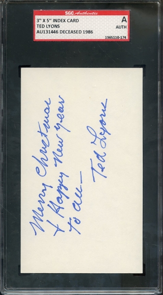 TED LYONS SIGNED 3 X 5 INDEX CARD SGC AUTHENTIC